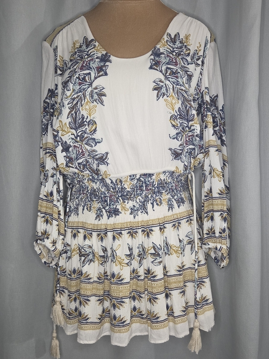 Free People Dresses & Skirts - Free People White Floral Boho Smocked-Waist Dress Size M Medium With Waist Ties